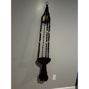 70's Macrame Hanging Plant Holder Ceramic Owl Boho Beads Hippie 58" Long Brown
